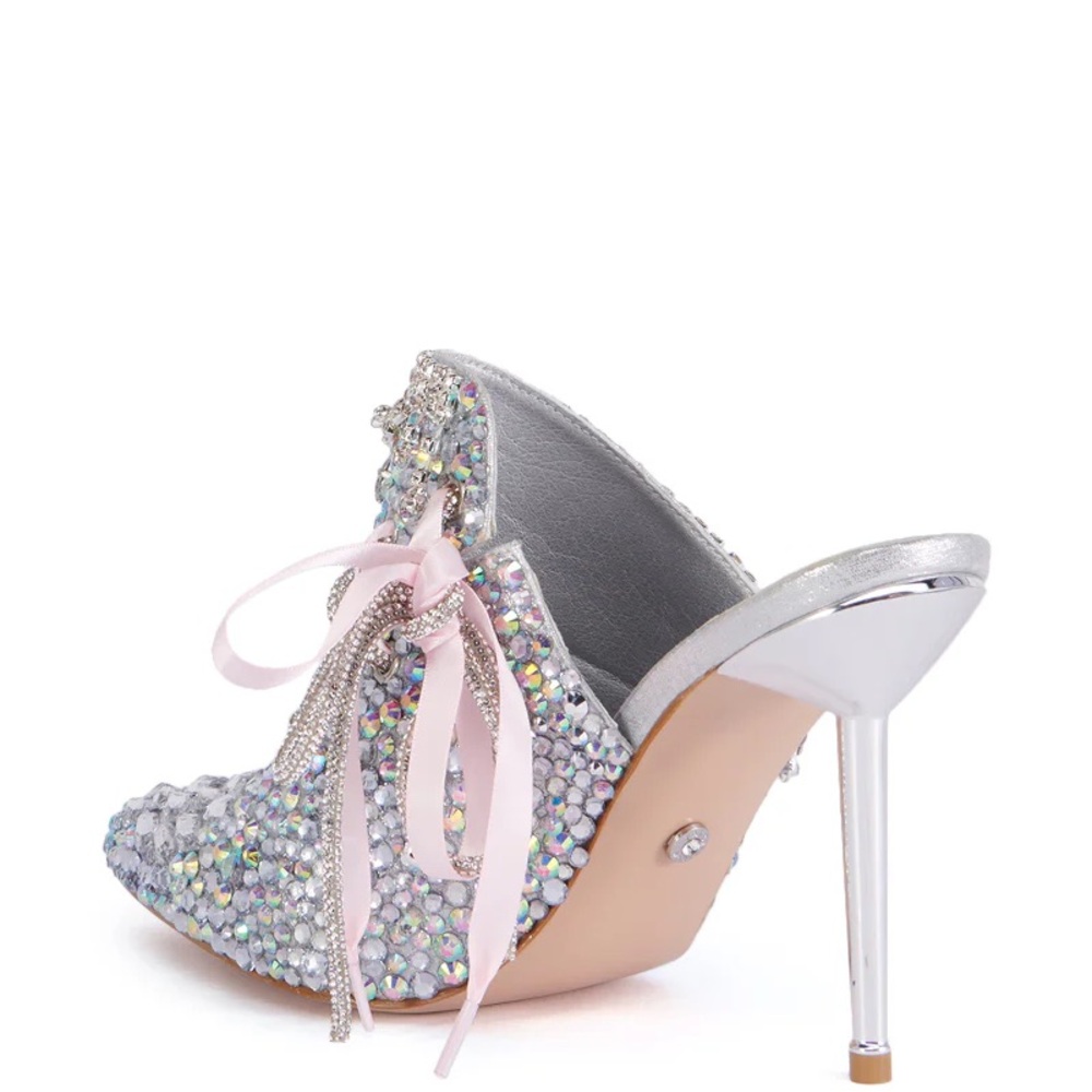AZALEA Wang Silver & Pink Embellished Rhinestones Mule High Heels - Picture 4 of 5